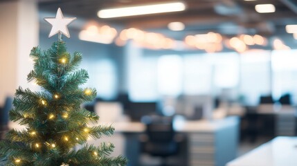Fototapeta premium A decorated Christmas tree with lights in a modern office setting, creating a festive atmosphere.