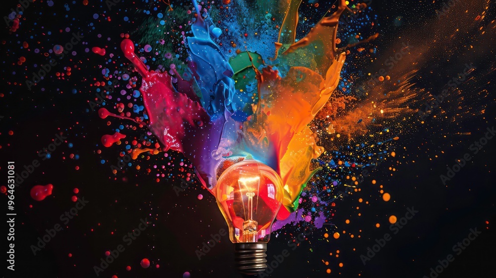 Poster a light bulb explodes in a burst of colorful paint, creating a dynamic and abstract image.