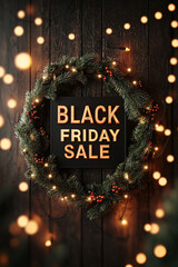 Black Friday sale sign displayed on holiday wreath with festive lights, creating warm and inviting atmosphere.