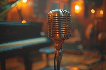 Vintage microphone in a dimly lit music venue with warm bokeh lights, grand piano in the...