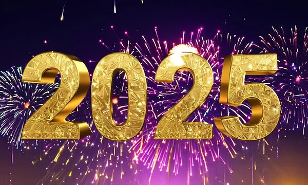 Radosne tło na Nowy Rok 2025 z dużymi, błyszczącymi cyframi 2025 oraz stylizowanymi fajerwerkami. Ciepłe, złote odcienie i delikatne świąteczne motywy tworzą atmosferę na nadchodzący rok.