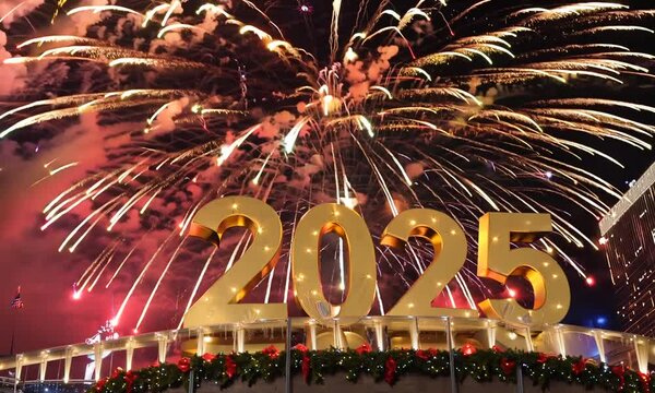 Radosne tło na Nowy Rok 2025 z dużymi, błyszczącymi cyframi 2025 oraz stylizowanymi fajerwerkami. Ciepłe, złote odcienie i delikatne świąteczne motywy tworzą atmosferę na nadchodzący rok.