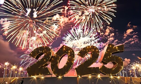 Kolorowe tło z okazji Nowego Roku 2025, ozdobione złotymi i srebrnymi konfetti oraz fajerwerkami. W centralnej części widnieje elegancki napis &bdquo;2025&rdquo;