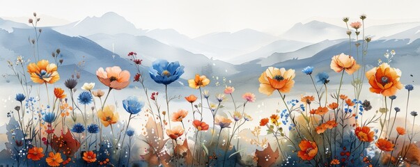 Watercolor abstract spring meadow with wildflowers.