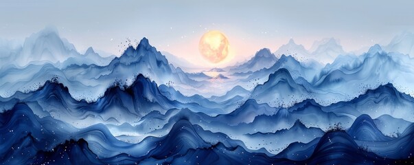 Abstract tidal waves with moonlight and stars in watercolor on white.