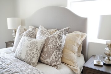 Stylish bright modern Bedroom interior with decorative niches and a huge panoramic window in grey and white colors and geometric shapes. image for design
