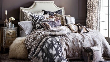 Stylish bright modern Bedroom interior with decorative niches and a huge panoramic window in grey and white colors and geometric shapes. image for design