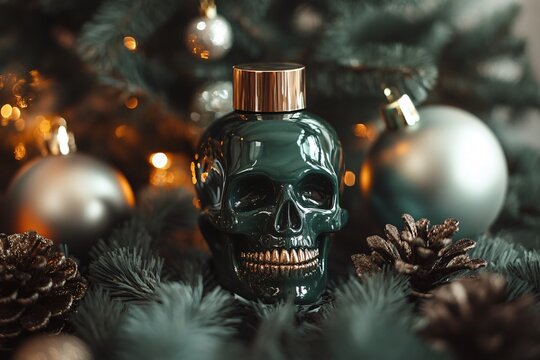 A skull is placed on a Christmas tree with ornaments and pine cones