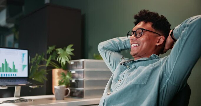 Man, happy and computer for trading at night in office with smile for results, graph or excited for profit. Person, finance and done by pc for chart, stats or review for stocks, relief or deal at job