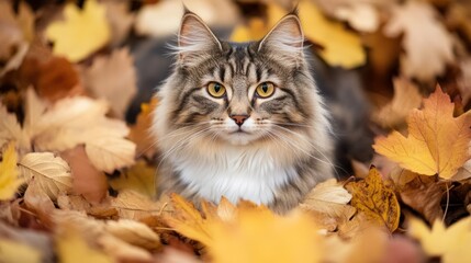 A cat resting among vibrant autumn leaves, showcasing nature's beauty.