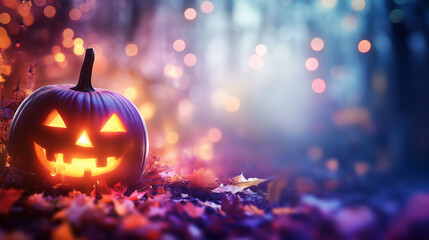 A pumpkin with a smiley face on it is sitting on the ground