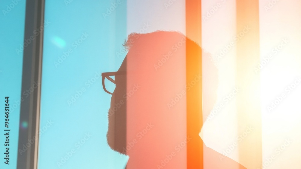 Poster silhouetted figure in modern office with gradient sky and geometric patterns, sunlight streaming thr