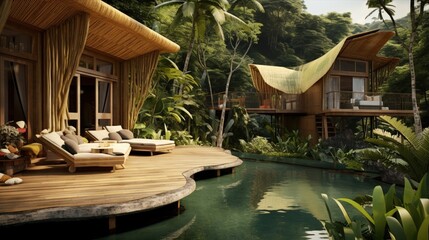 A spa hotel in the jungle. A relaxation area by the pool and modern wooden bungalows. A luxurious vacation. A tourist paradise is ideal for relaxation and honeymoon
