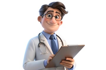 Smiling cartoon doctor holding clipboard