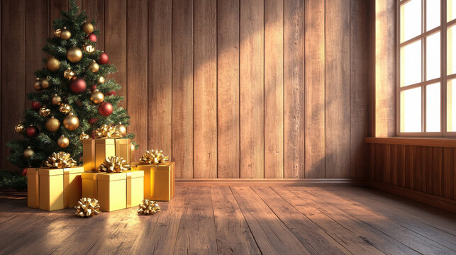 Realistic group of red gift box on the ground, christmas tree behide the red gift box, the wooden wall in the room include a spacious area suitable for overlaying text. Generative Image AI