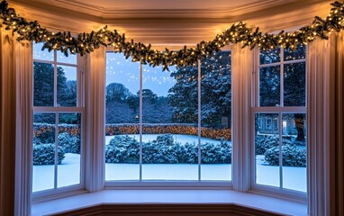 A cozy window view showcasing a snowy landscape adorned with festive lights and greenery.