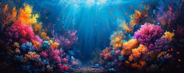 Naklejka premium A colorful underwater scene with a variety of fish swimming around. The bright colors of the fish and the coral create a lively and vibrant atmosphere