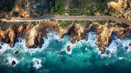 aerial view of a coastal road with cliffs and the ocean, drone photo from above looking down at the...