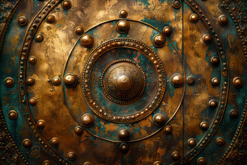 Naklejka premium Ancient bronze artifact with golden texture and intricate patterns on a worn, abstract surface, highlighting detailed craftsmanship