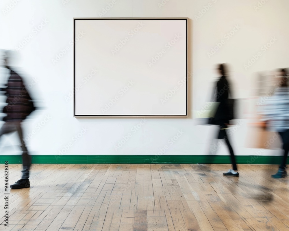 Poster modern minimalist wall with empty frame and motion blur of people passersby in indoor setting