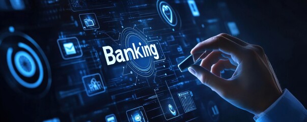 Businessman interacting with futuristic digital interface focused on banking technology and innovation