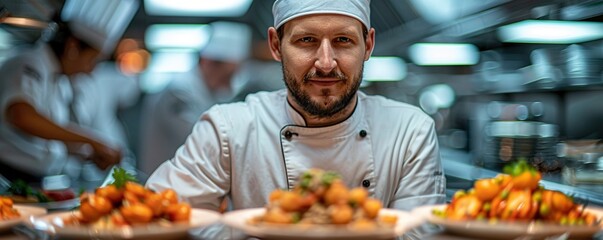 A chef presenting a beautifully plated dish, radiating pride and satisfaction.