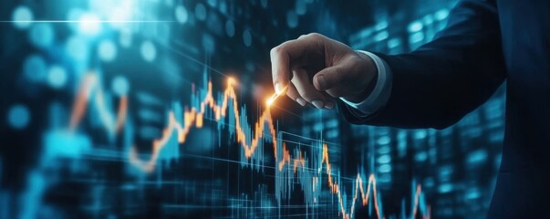 Businessman interacting with a growth graph on a virtual screen, symbolizing financial success and data analysis in a futuristic digital environment