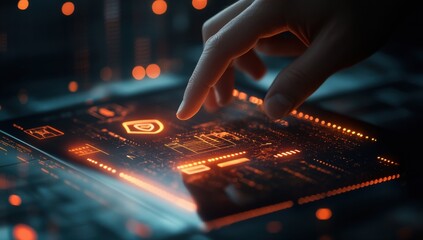 Close-up of a businessman's finger interacting with a glowing digital interface on a touchscreen device in a futuristic office environment