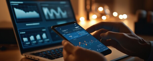 Close-up of hands using a mobile phone for financial analysis in a cozy indoor setting