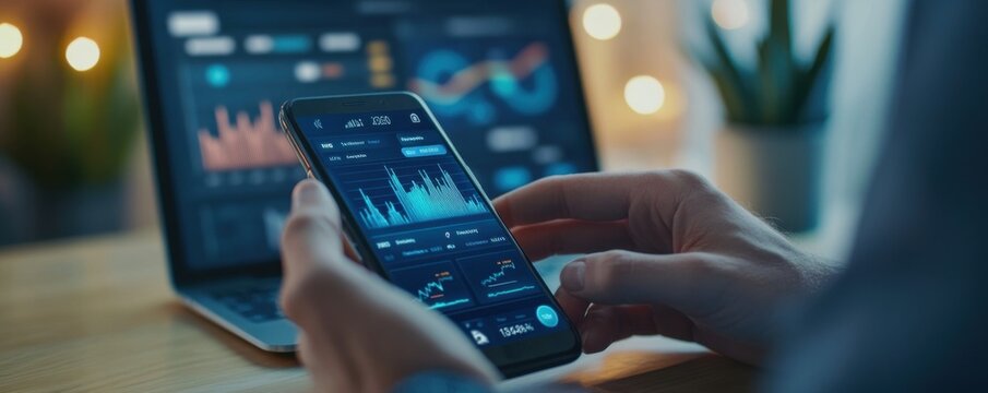 Hands using a mobile phone to analyze financial data with a laptop in the background, displaying graphs and charts for business planning
