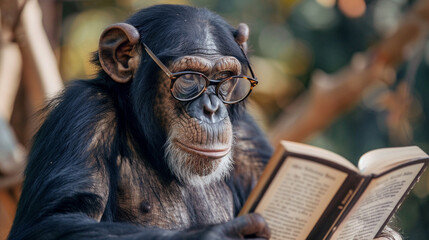 Medium close-up of a chimpanzee wearing glasses and reading a book, looking highly focused on the pages.