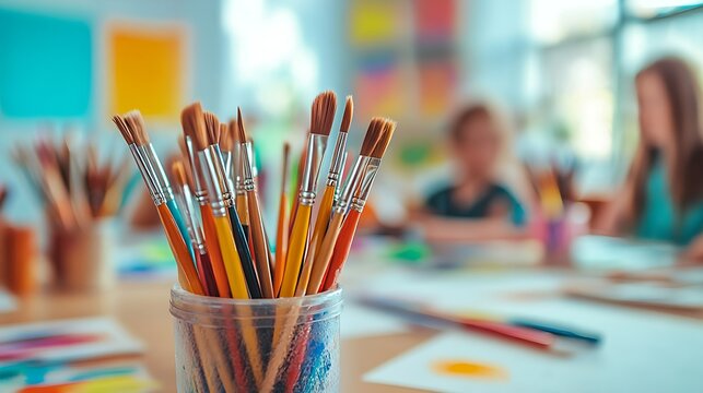 Art studio with children drawing, paintbrushes on table, shallow depth of field