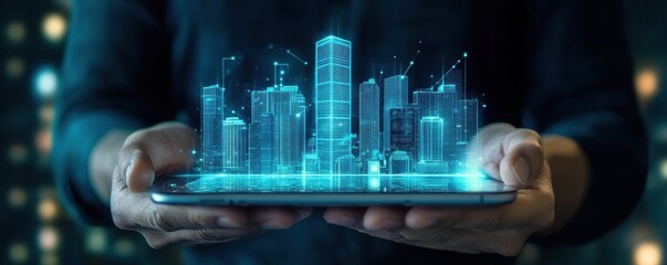Digital tablet showcasing futuristic holographic business icons and urban skyscrapers