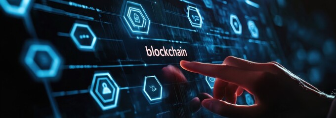 Fintech concept with hand touching a virtual blockchain interface surrounded by digital icons