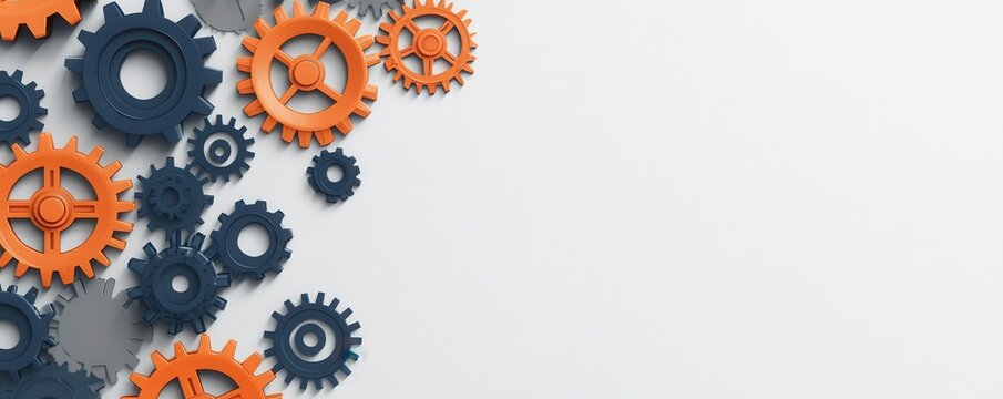 Elegant background featuring orange and navy blue gears symbolizing teamwork and industry on a blank white backdrop