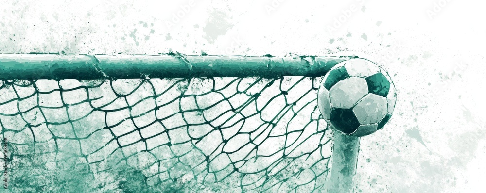 Poster dynamic soccer moment with ball hitting the net in a splash of green abstract