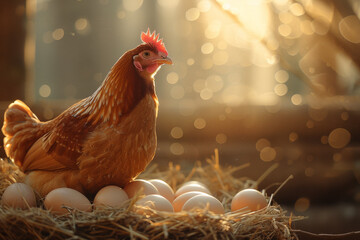Fresh organic eggs laid by a healthy hen in a cozy straw nest, illuminated by warm natural sunlight in a rustic barn, promoting sustainable egg farming, quality production, and natural protein sources