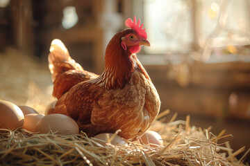 Fresh organic eggs laid by a healthy hen in cozy straw nest, illuminated by warm natural sunlight in rustic barn, promoting sustainable egg farming, quality production, natural protein sources