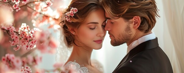 A bride and groom sharing a tender kiss under a blossoming tree against a white backdrop.