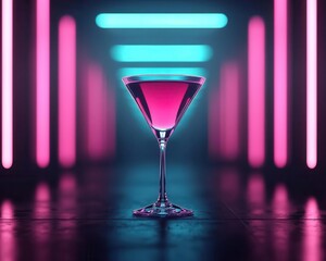 Martini glass floating in a digital void, surrounded by neon holograms, Sci-fi, Futuristic, 3D Render, Neon lights