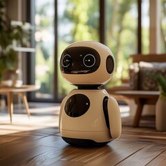 Friendly cute AI robot helper servant in home. Generative AI.