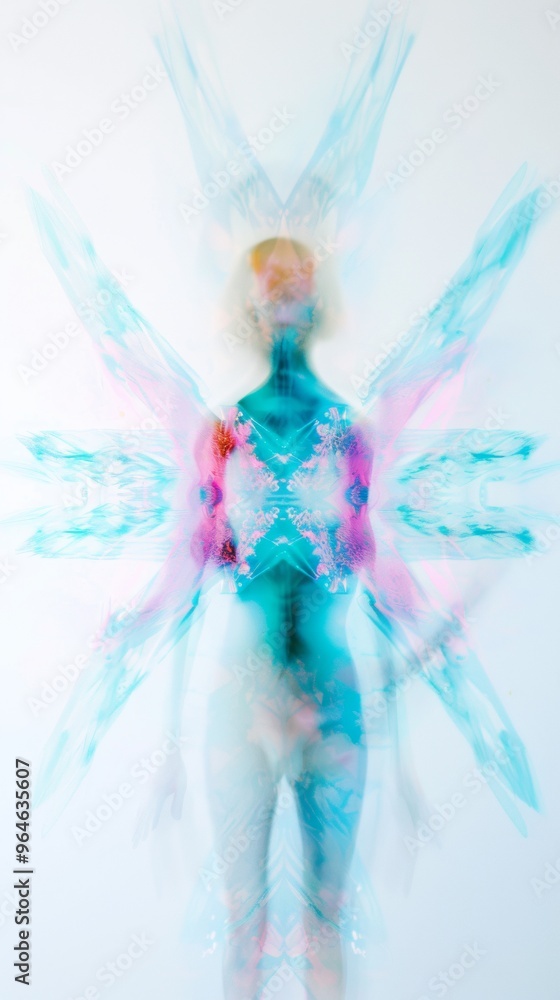 Poster futuristic holographic figure in abstract symmetrical design with shimmering pastel colors