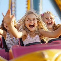 Young children girls riding a rollercoaster at an amusement park experiencing excitement, joy, laughter, and fun 