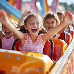 Young children girls riding a rollercoaster at an amusement park experiencing excitement, joy, laughter, and fun 