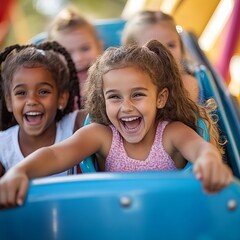 Young children girls riding a rollercoaster at an amusement park experiencing excitement, joy, laughter, and fun 