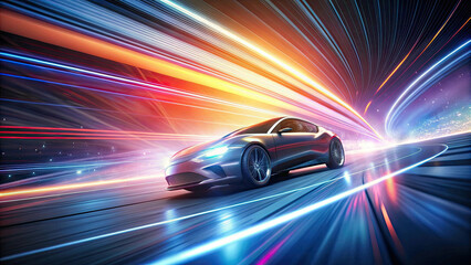 Modern car speed fast through highways with vibrant light trails and a sense of high-speed motion
