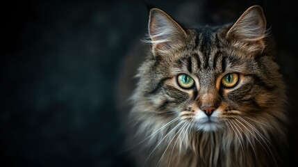 Obraz premium A close-up of a majestic cat with striking green eyes against a dark background.