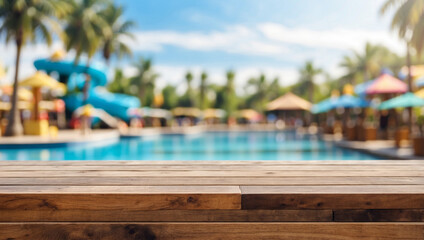 The empty wooden table top with blur background of water park. For product display