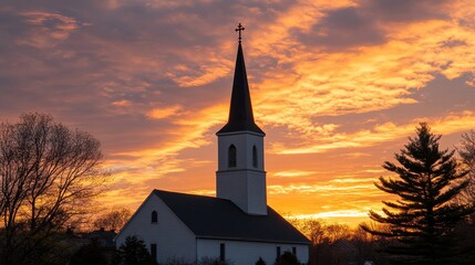 Obraz premium A serene church silhouette against a vibrant sunset sky, symbolizing peace and spirituality.