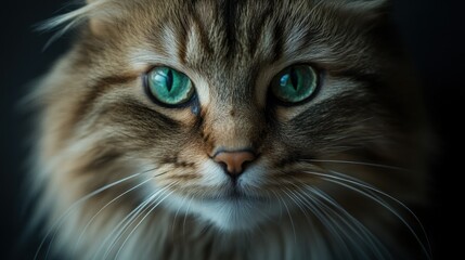 A close-up portrait of a cat showcasing its striking green eyes and detailed fur.
